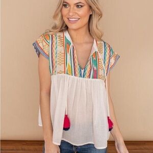 THML White Peasant Blouse with Multicolor Embroidery and Pink Tassels